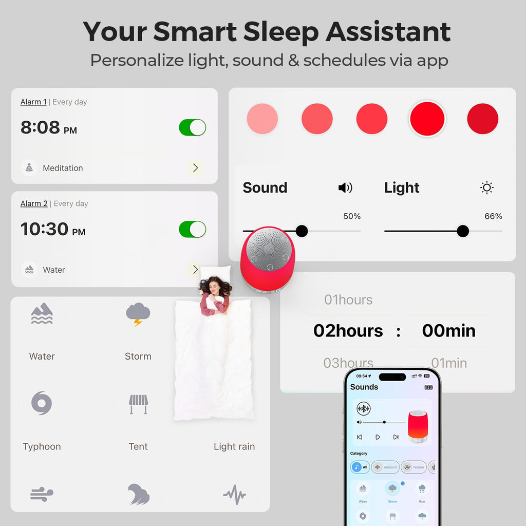 Smart Red Light Therapy Lamp & Sleep Sound Machine for Bedroom with Alarm Clock