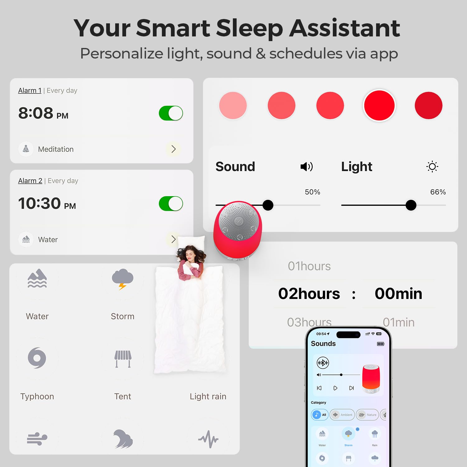 Smart Red Light Therapy Lamp & Sleep Sound Machine for Bedroom with Alarm Clock