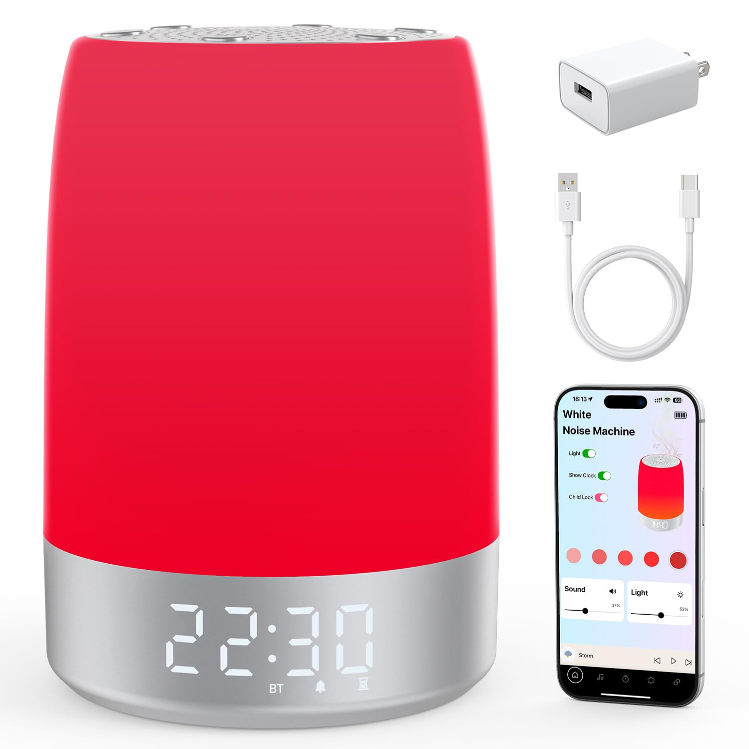 Smart Red Light Therapy Lamp & Sleep Sound Machine for Bedroom with Alarm Clock