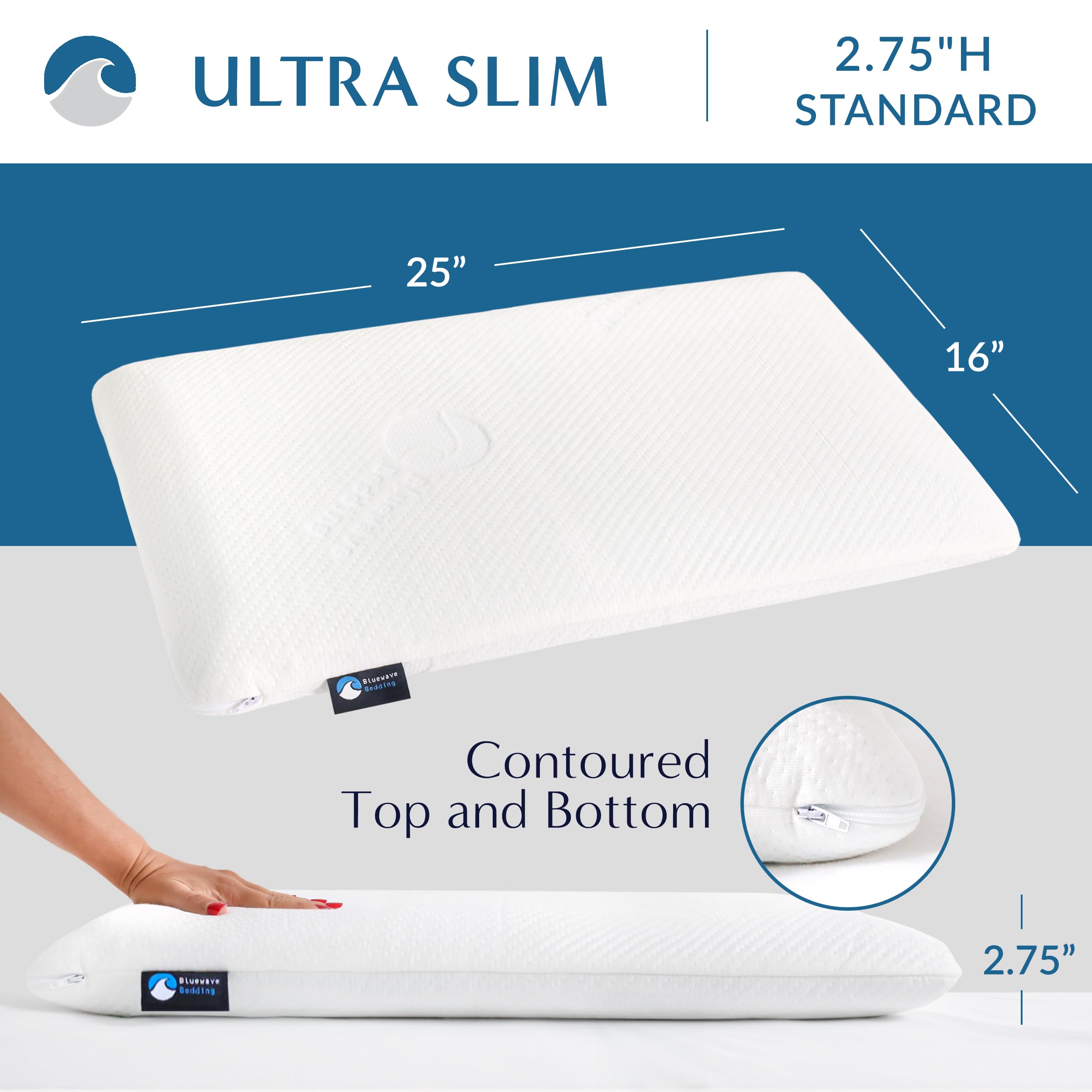 Bedding Ultra Slim Max Cool CarbonBlue Gel Memory Foam Pillow for Stomach and Back Sleepers