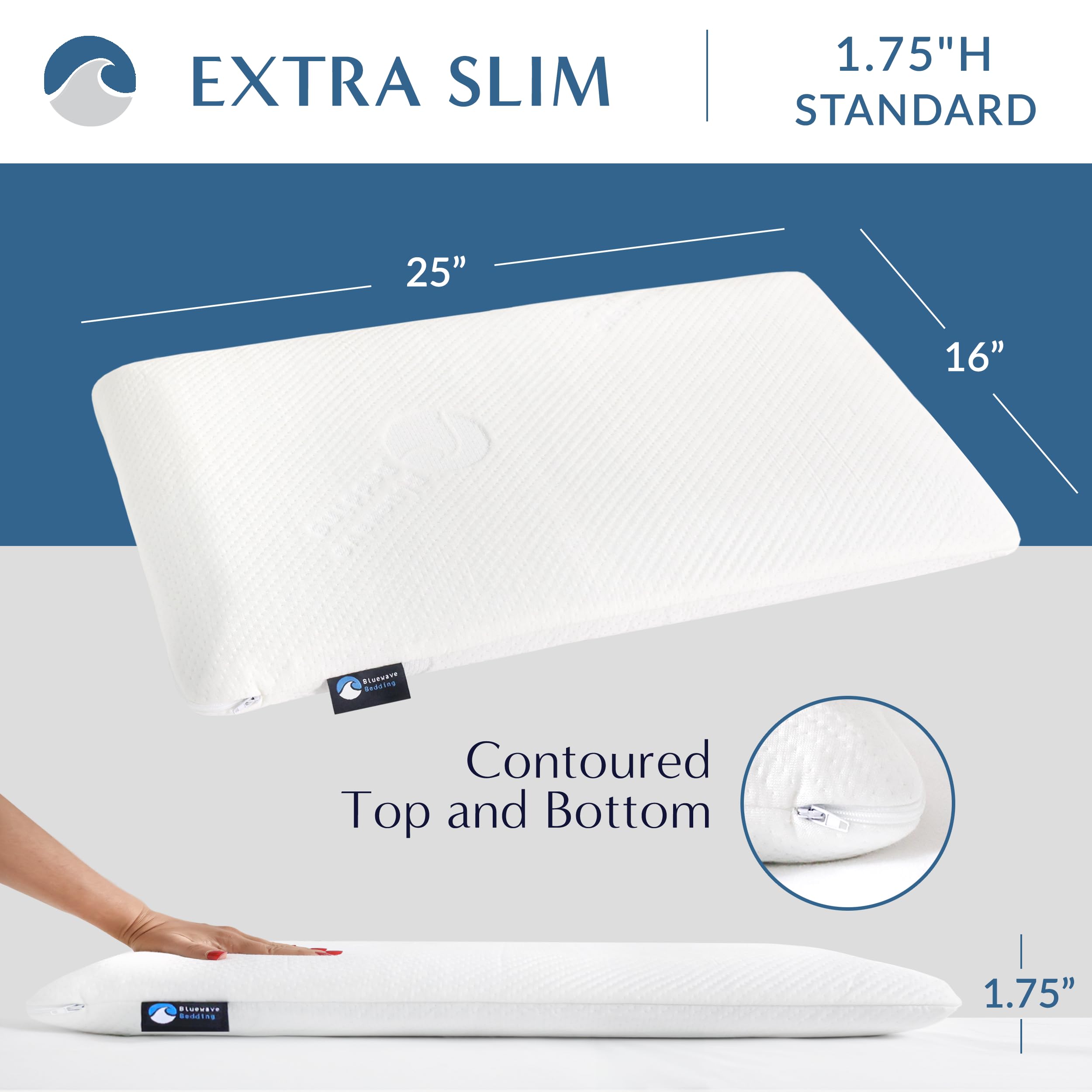 Bedding Ultra Slim Max Cool CarbonBlue Gel Memory Foam Pillow for Stomach and Back Sleepers