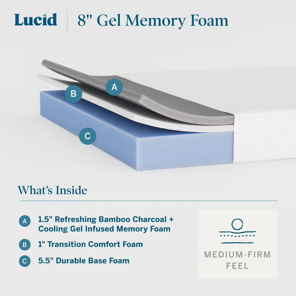 Lucid 8 Inch Memory Foam Mattress - Medium Firm Feel - Infused with Refreshing Bamboo Charcoal and Cooling Gel - Bed in a Box