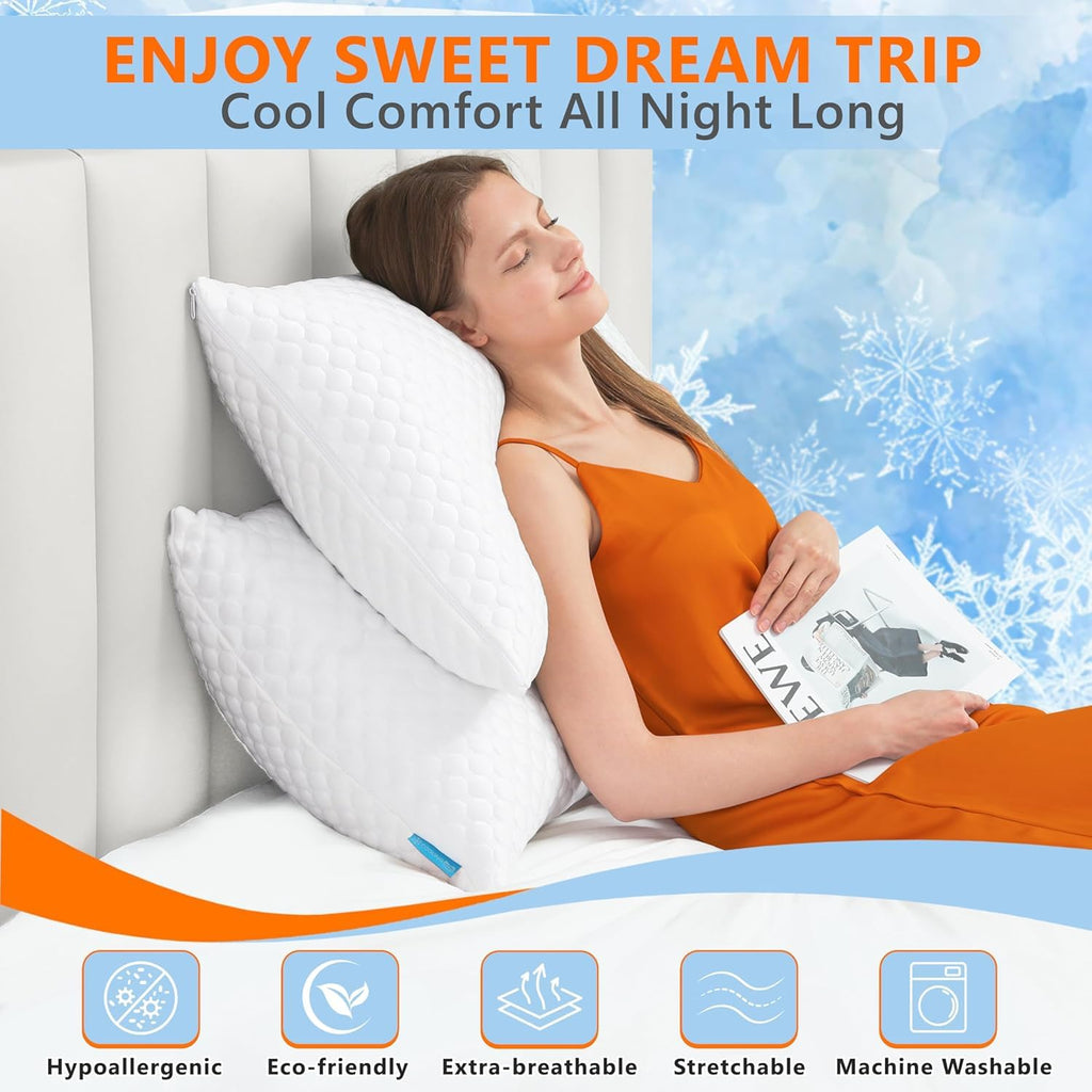 Cooling Pillows Queen Size Set of 2, Memory Foam Pillows with Zipper