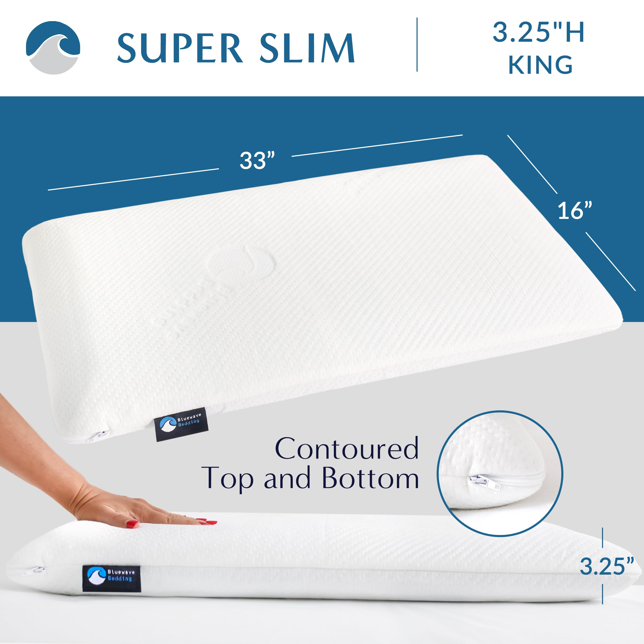 Bedding Ultra Slim Max Cool CarbonBlue Gel Memory Foam Pillow for Stomach and Back Sleepers