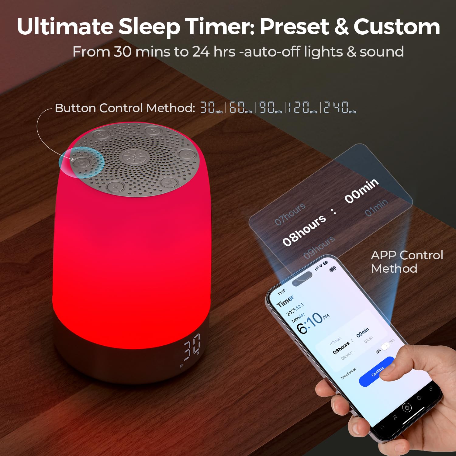 Smart Red Light Therapy Lamp & Sleep Sound Machine for Bedroom with Alarm Clock