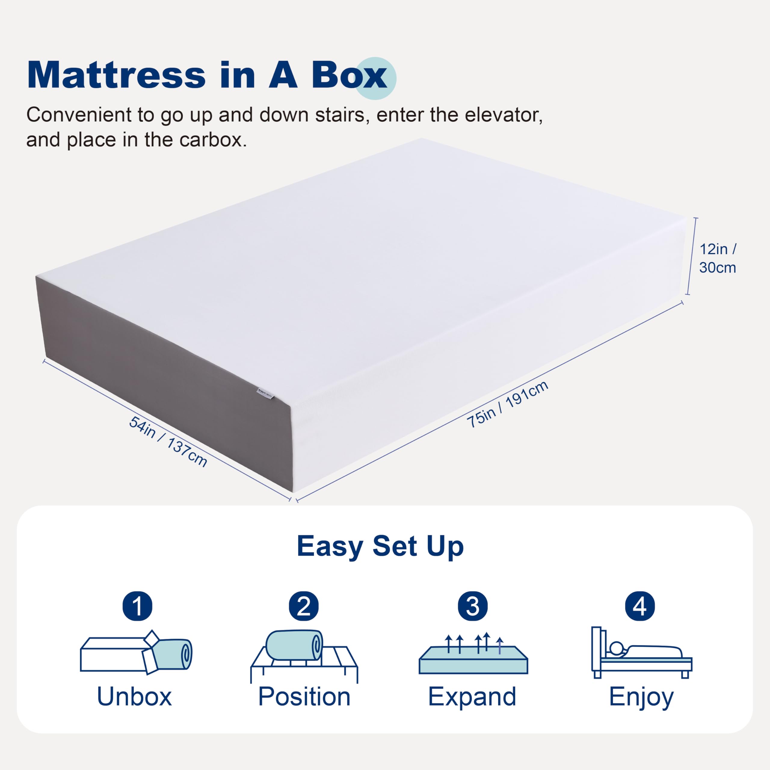 Memory Foam Mattress, Soft Plush Feel, Breathable, 12 Inch, Queen, White/Grey