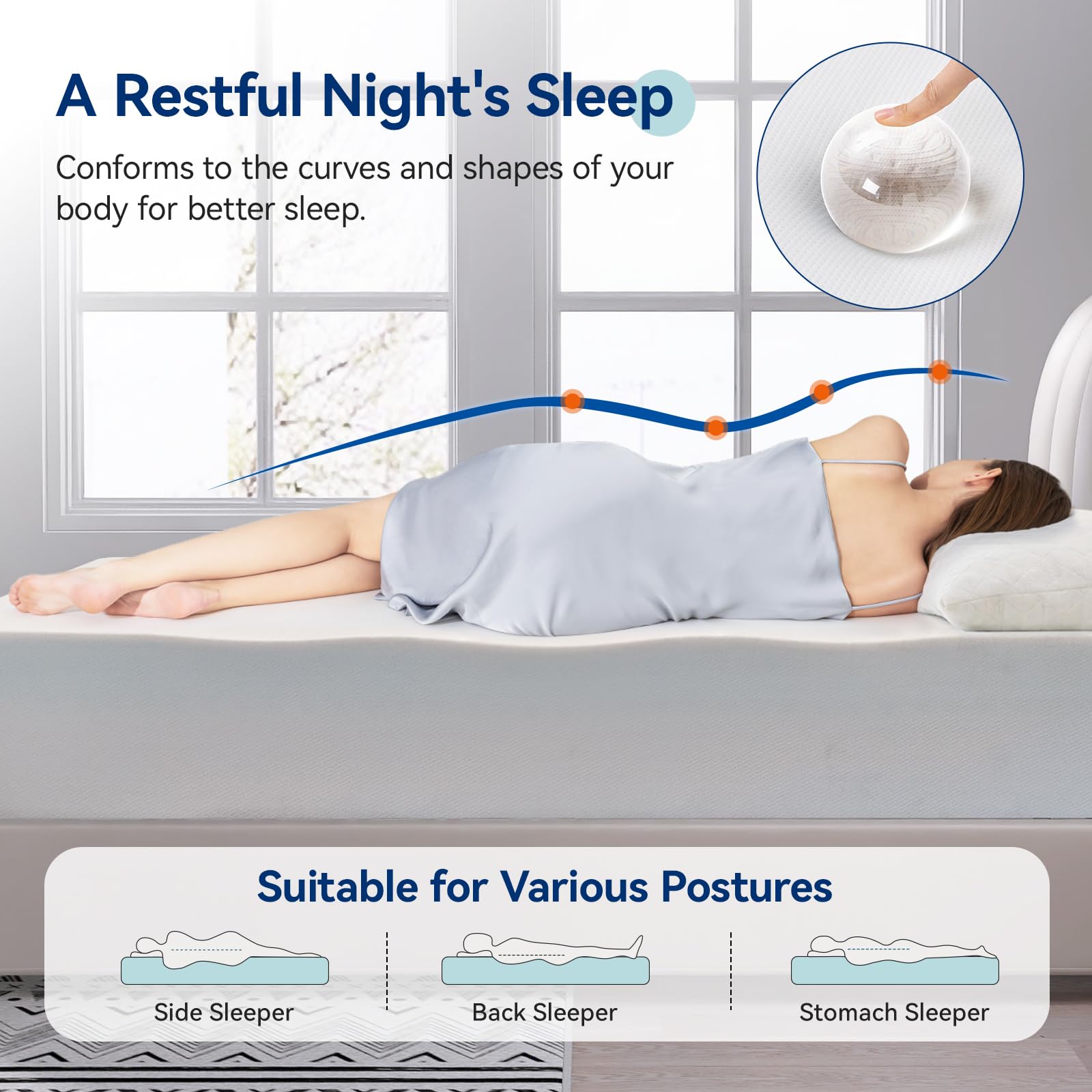 Memory Foam Mattress, Soft Plush Feel, Breathable, 12 Inch, Queen, White/Grey