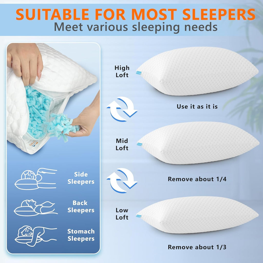 Cooling Pillows Queen Size Set of 2, Memory Foam Pillows with Zipper
