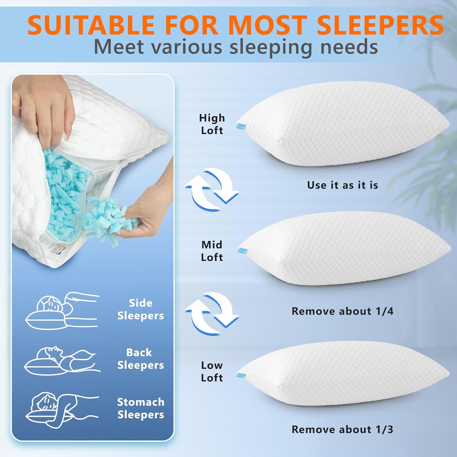 Cooling Pillows Queen Size Set of 2, Memory Foam Pillows with Zipper