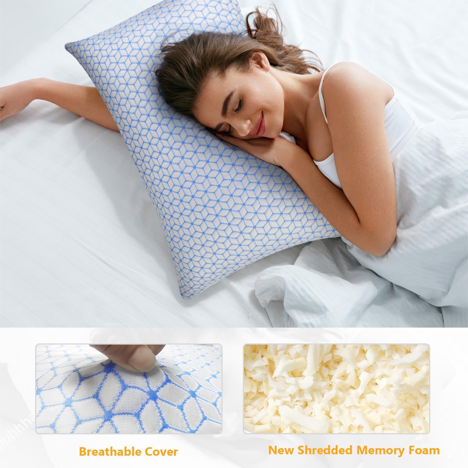 Shredded Memory Foam Pillows King Size Set of 2, Cooling Pillow Firm and Soft Adjustable