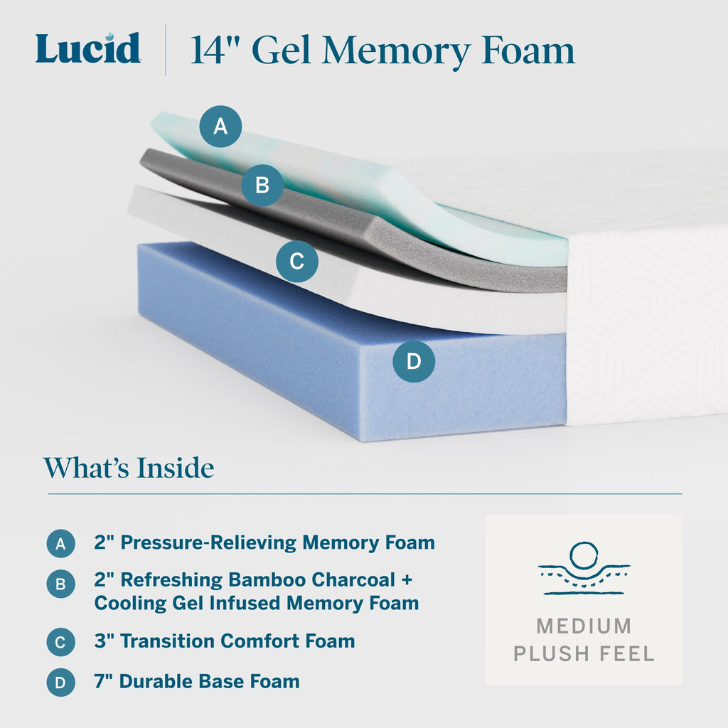 Lucid 8 Inch Memory Foam Mattress - Medium Firm Feel - Infused with Refreshing Bamboo Charcoal and Cooling Gel - Bed in a Box