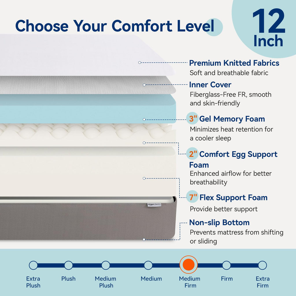 Memory Foam Mattress, Soft Plush Feel, Breathable, 12 Inch, Queen, White/Grey