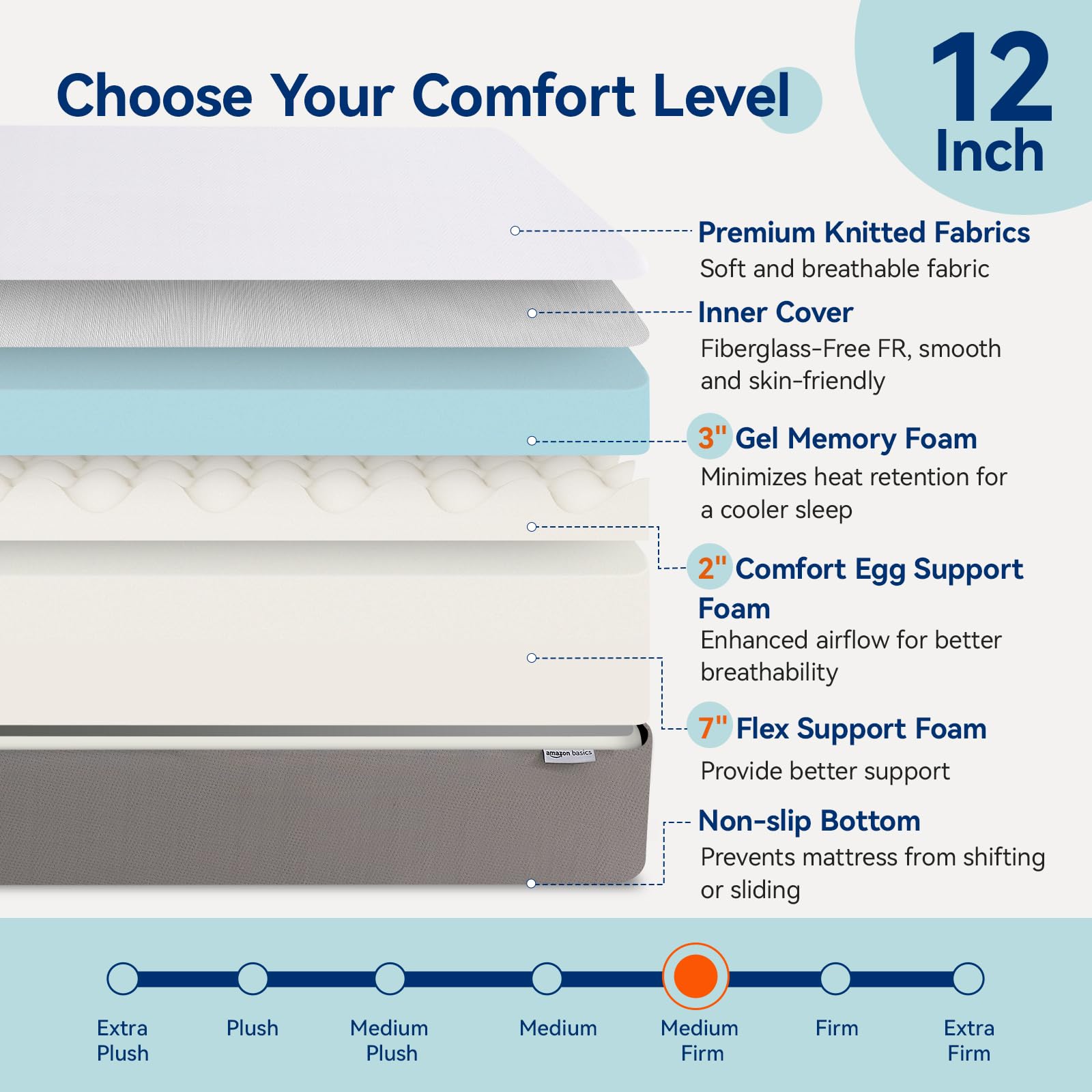 Memory Foam Mattress, Soft Plush Feel, Breathable, 12 Inch, Queen, White/Grey