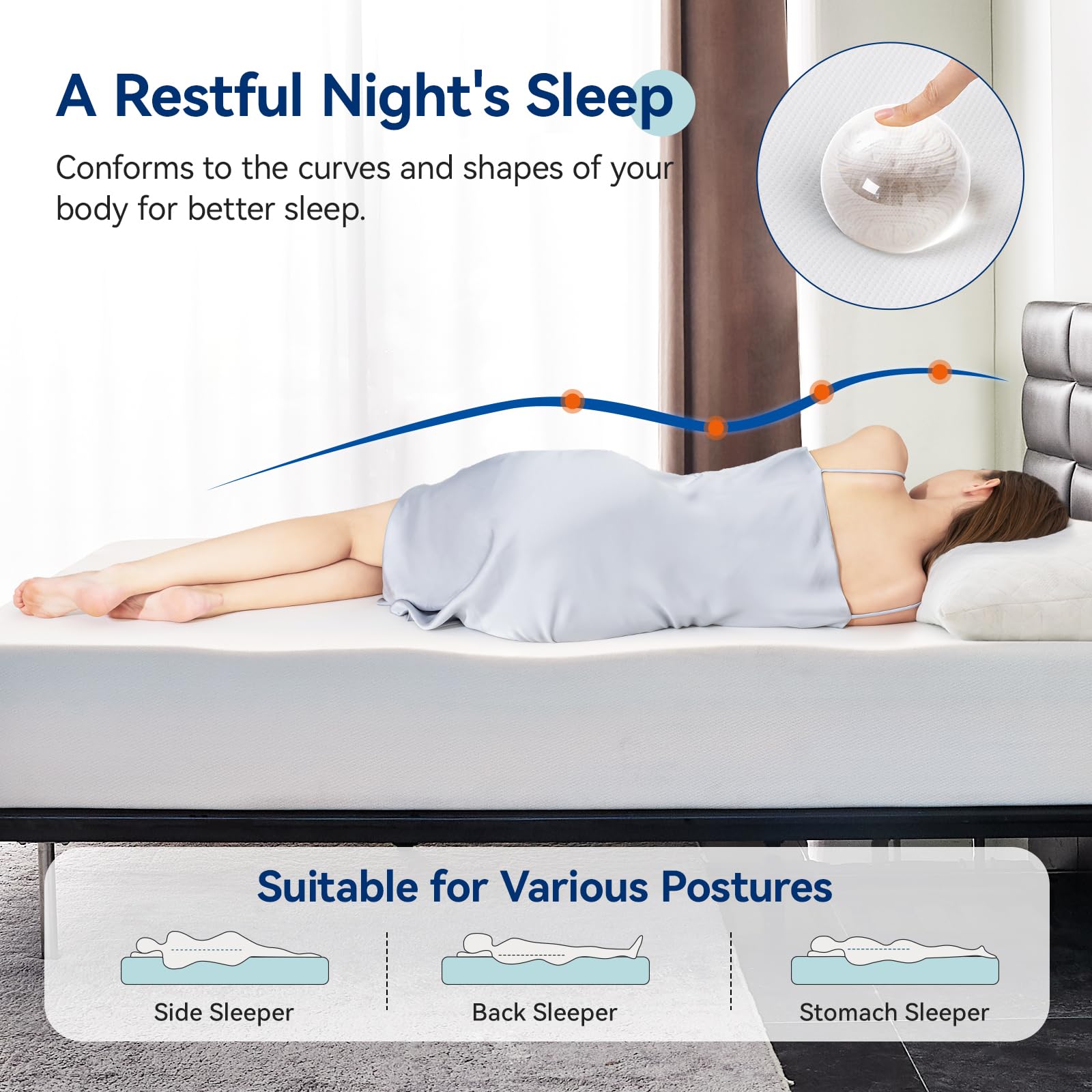 Memory Foam Mattress, Soft Plush Feel, Breathable, 12 Inch, Queen, White/Grey