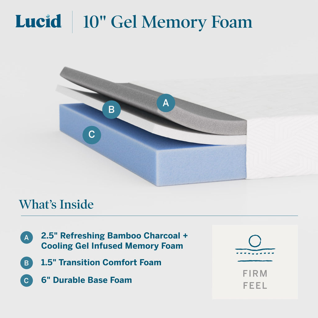 Lucid 8 Inch Memory Foam Mattress - Medium Firm Feel - Infused with Refreshing Bamboo Charcoal and Cooling Gel - Bed in a Box
