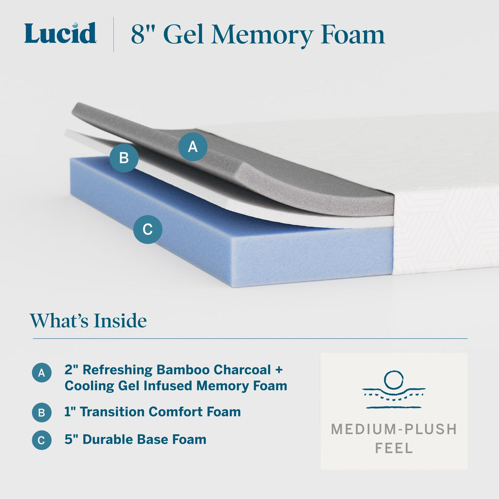 Lucid 8 Inch Memory Foam Mattress - Medium Firm Feel - Infused with Refreshing Bamboo Charcoal and Cooling Gel - Bed in a Box