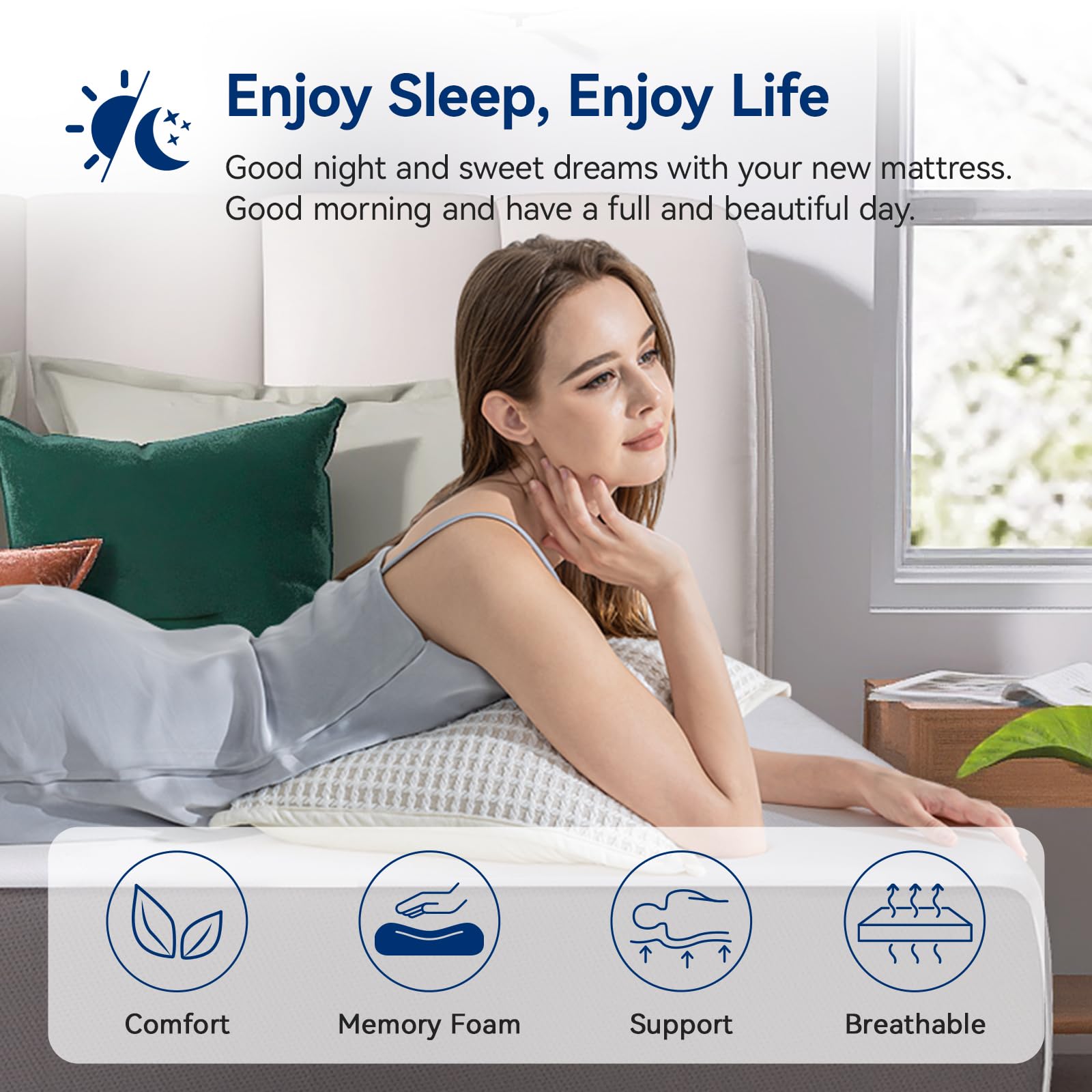 Memory Foam Mattress, Soft Plush Feel, Breathable, 12 Inch, Queen, White/Grey