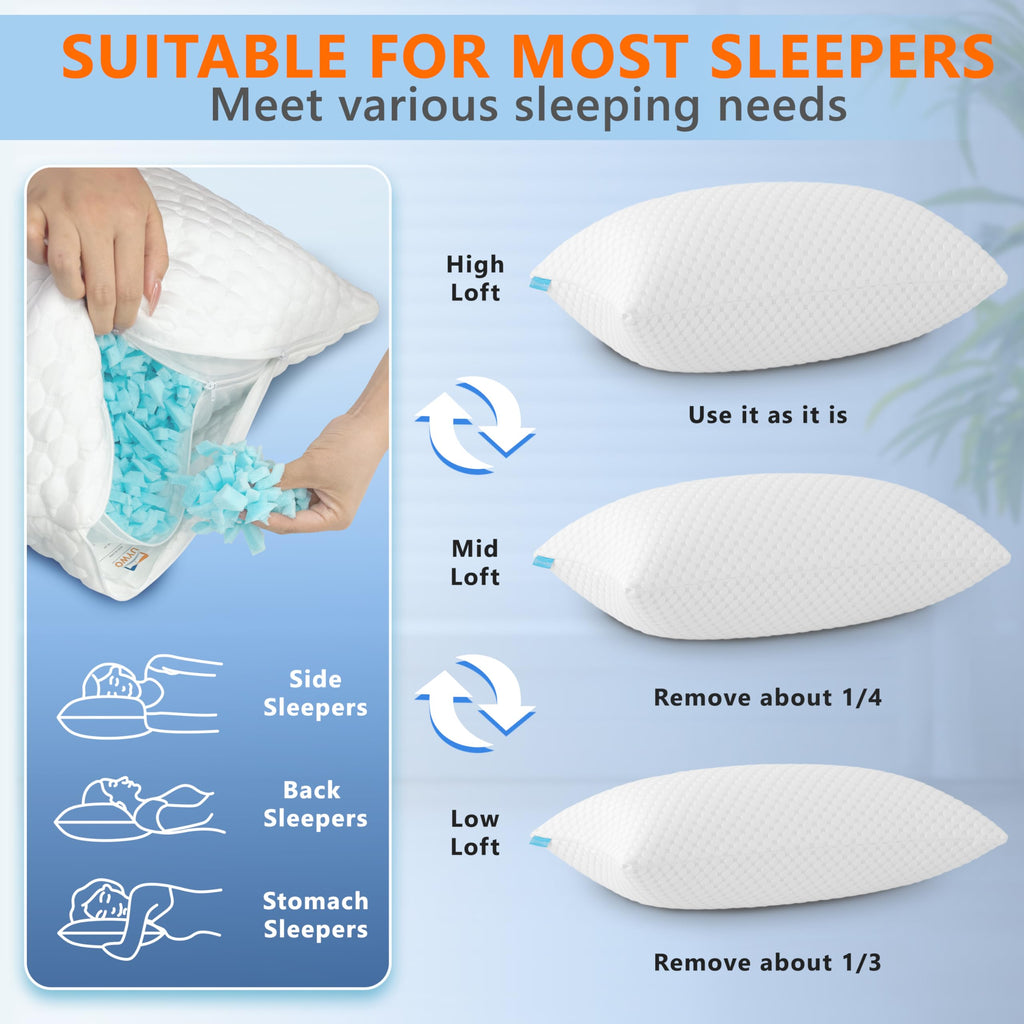 Cooling Pillows Queen Size Set of 2, Memory Foam Pillows with Zipper