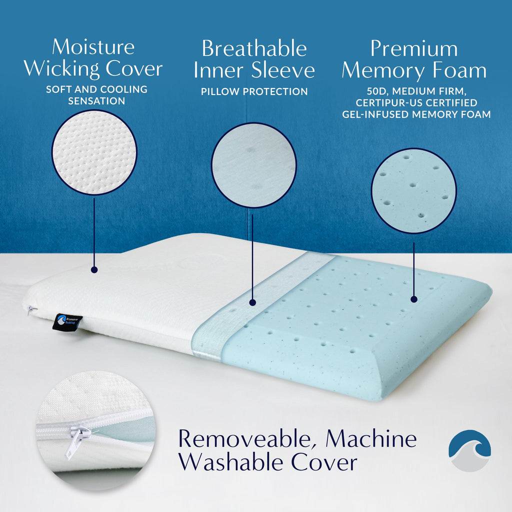 Bedding Ultra Slim Max Cool CarbonBlue Gel Memory Foam Pillow for Stomach and Back Sleepers