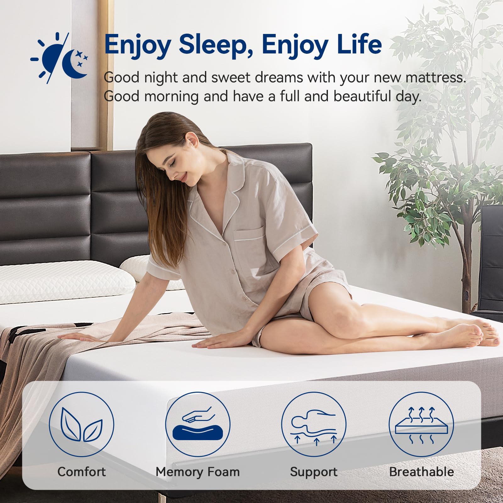Memory Foam Mattress, Soft Plush Feel, Breathable, 12 Inch, Queen, White/Grey