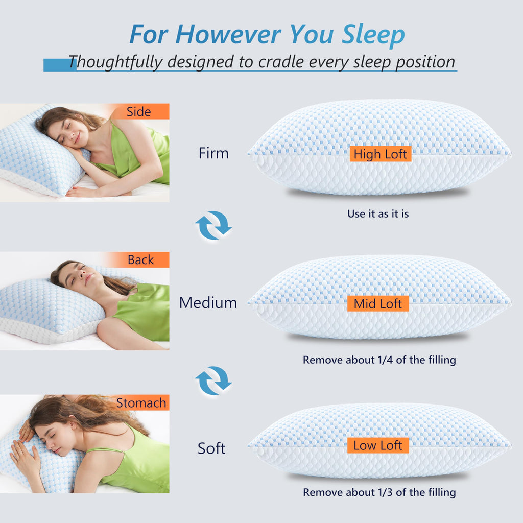 Cooling Pillows Queen Size Set of 2, Memory Foam Pillows with Zipper