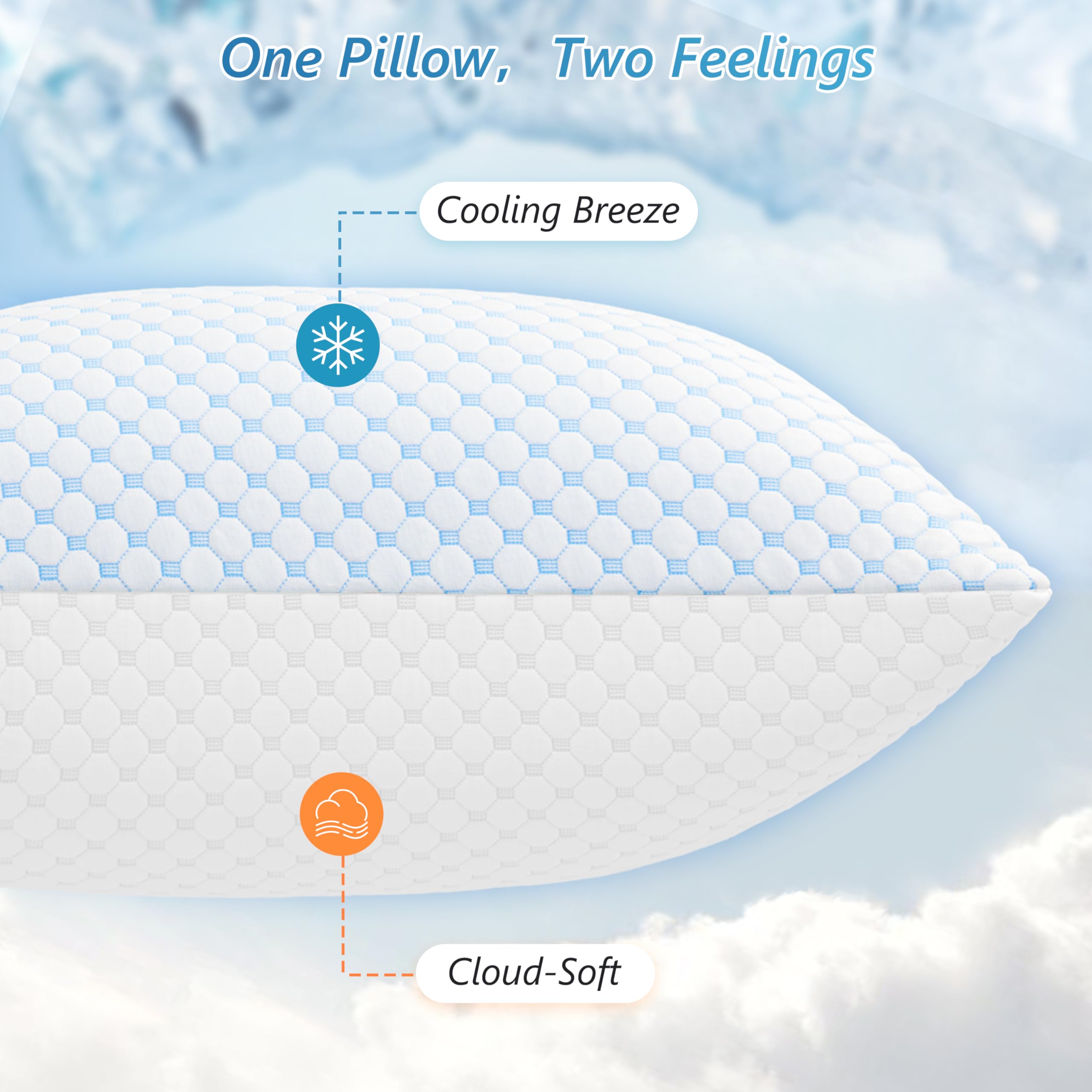 Cooling Pillows Queen Size Set of 2, Memory Foam Pillows with Zipper