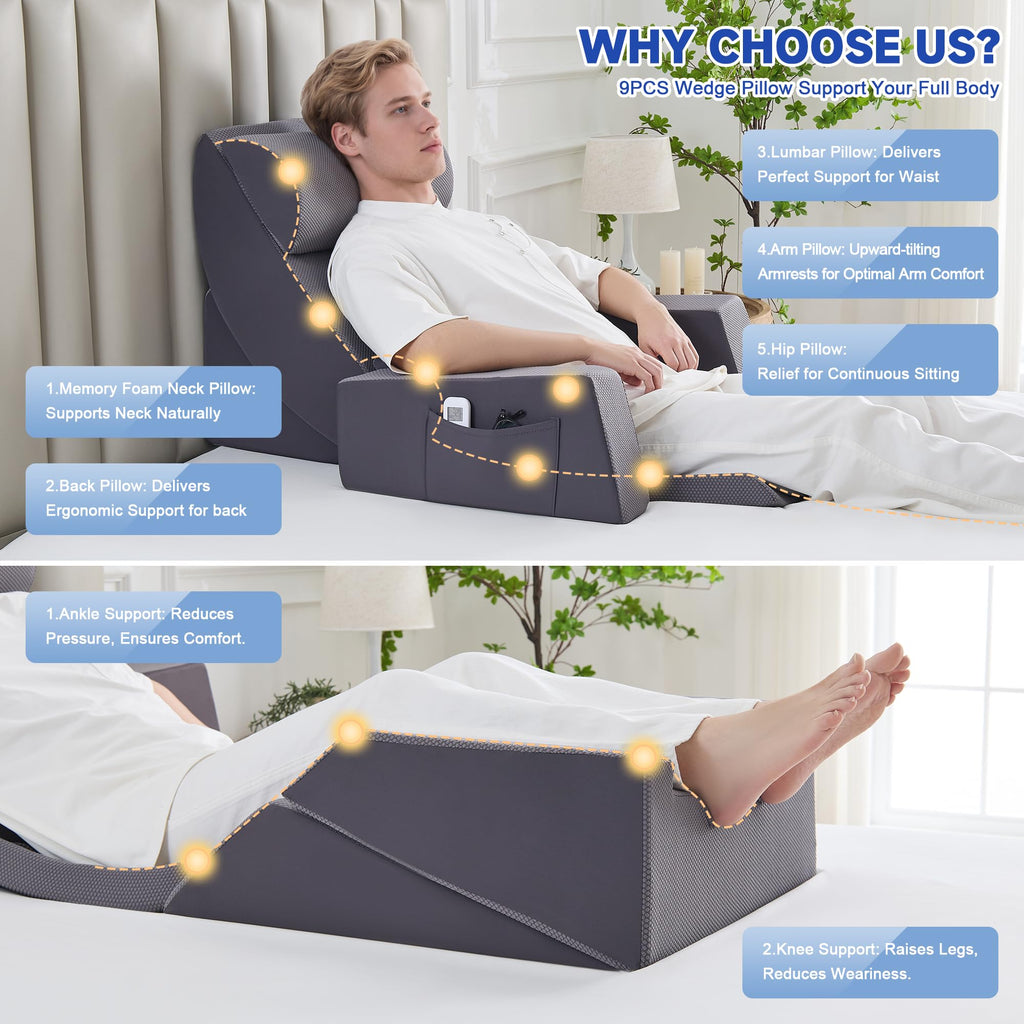 9PCS Wedge Pillow Set for After Surgery Recovery