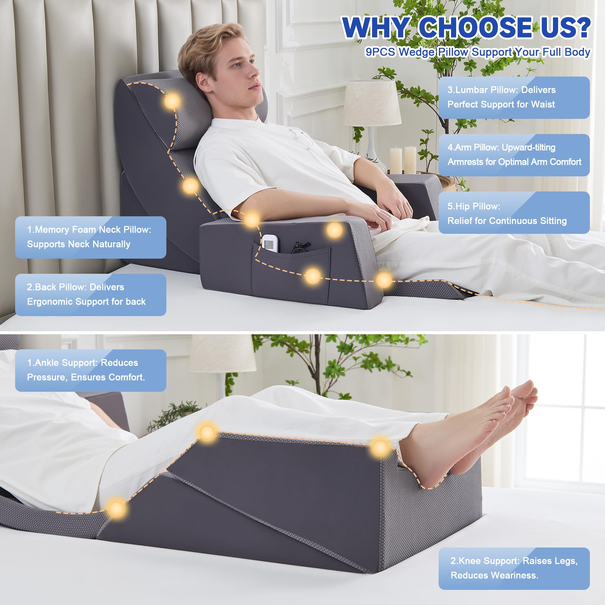 9PCS Wedge Pillow Set for After Surgery Recovery