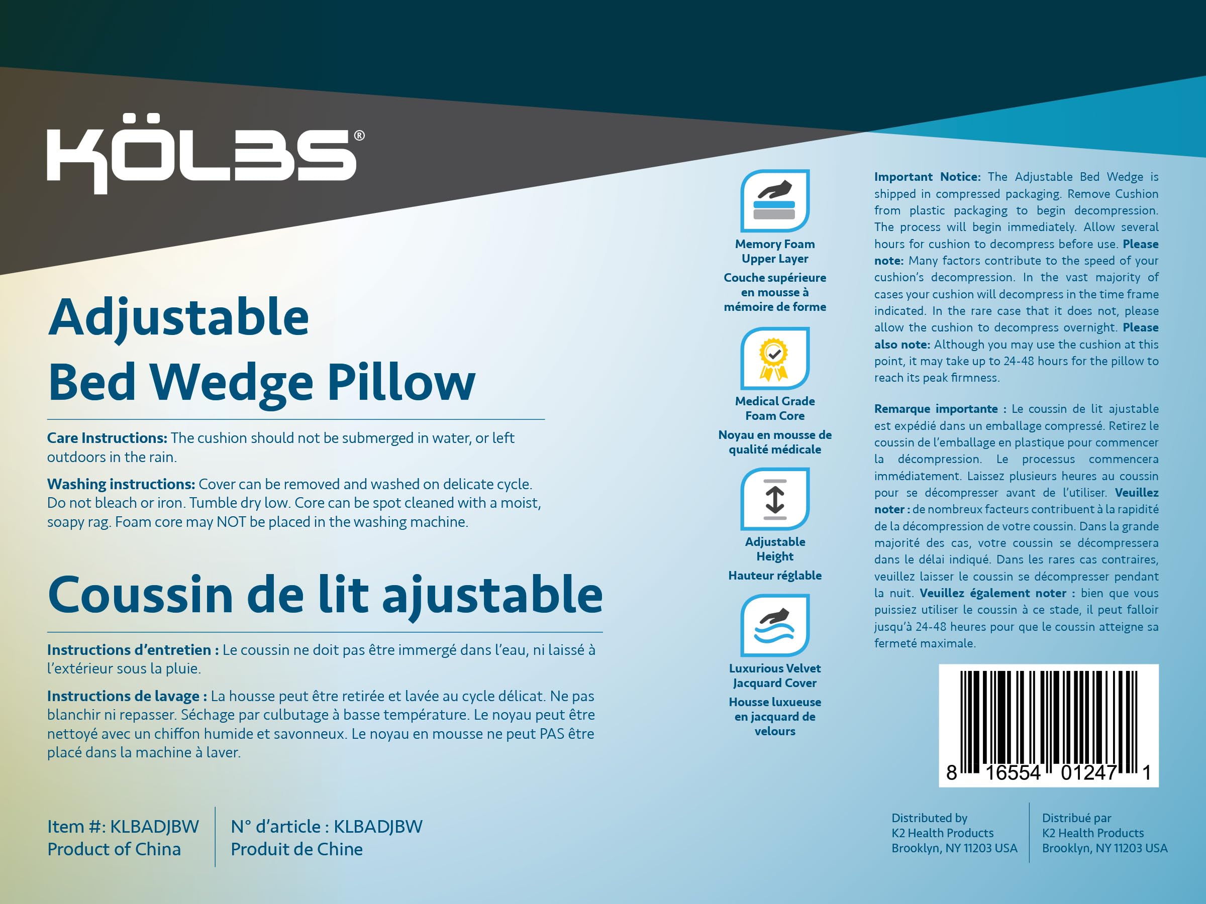 Kolbs Bed Wedge Pillow for Sleep Apnea, FSA Eligible Acid Reflux, and Back Pain Relief, with Chic Jacquard Cover - Headboard Wedges for Sleeping (Standard Width 7.5" Height)