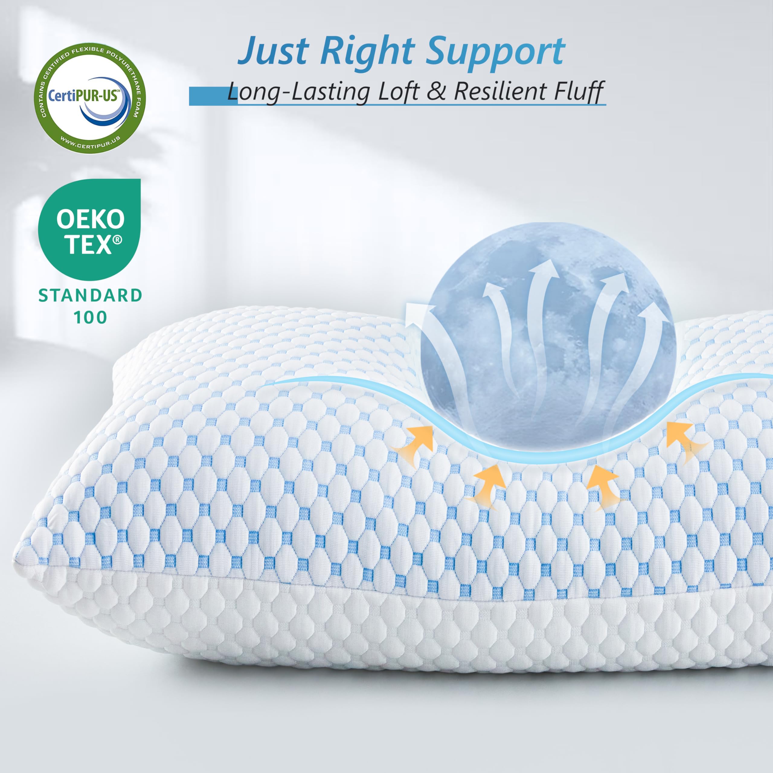 Cooling Pillows Queen Size Set of 2, Memory Foam Pillows with Zipper