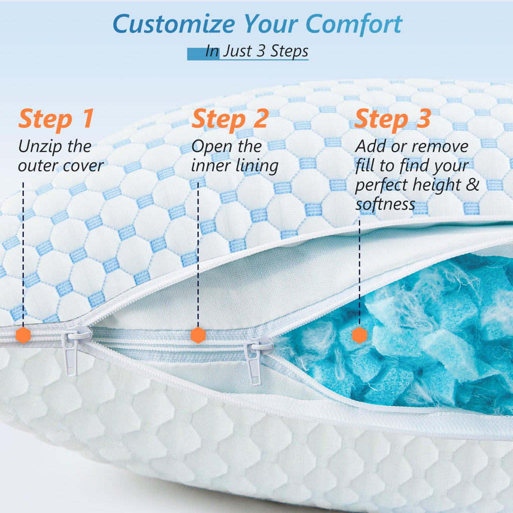 Cooling Pillows Queen Size Set of 2, Memory Foam Pillows with Zipper